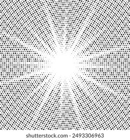 Monochrome Dots Background. Fade Texture. Vintage Pop-art Backdrop. Grunge Black and White Overlay. Sunburst halftone vector illustration	