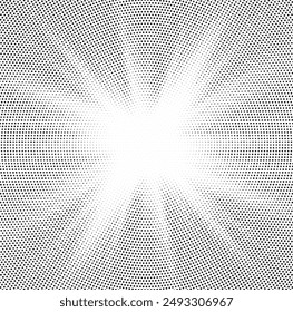 Monochrome Dots Background. Fade Texture. Vintage Pop-art Backdrop. Grunge Black and White Overlay. Sunburst halftone vector illustration	