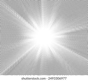 Monochrome Dots Background. Fade Texture. Vintage Pop-art Backdrop. Grunge Black and White Overlay. Sunburst halftone vector illustration	