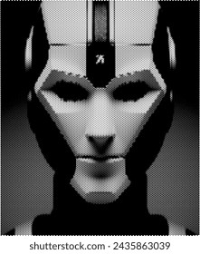 Monochrome dotted illustration of a mysterious robotic face.
