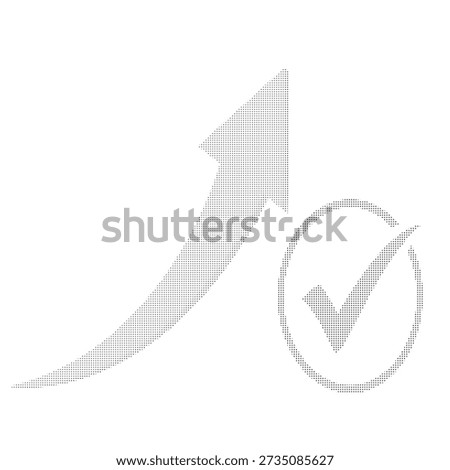 Monochrome dotted upward arrow with checkmark circle in minimalist style