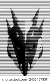 Monochrome dragon face illustration in pixel art style on striped background.