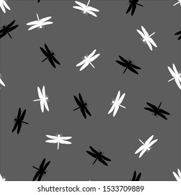 Monochrome dragonfly seamless pattern isolated on white background. Design element for textile, fabrics, wallpaper, scrapbooking or etc. Vector illustration.