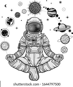 Monochrome Zeichnung: Animation Astronaut in einem Raumanzug hält Planeten des Sonnensystems. Vektorillustration einzeln auf weißem Hintergrund. Drucken, Plakat, T-Shirt, Karte.