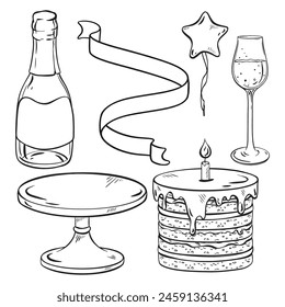 Monochrome drawing of Drinkware, Bottle stopper, Glass, Cake with sparklers