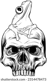 Monochrome Drawing engraving style illustration skull with frog in it for design projects