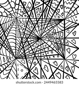 A monochrome drawing featuring a spider web pattern with hearts, showcasing symmetry and parallel lines. The design includes circles and triangles, embodying artistic expression
