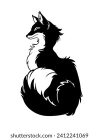Monochrome drawing of a fluffy fox in profile