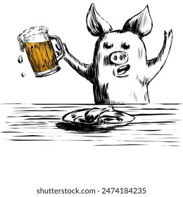 Monochrome drawing of a glass of beer in the hands of a pig. Vector illustration a pig is telling something enthusiastically sitting at the table drinking beer. There is a piece of chicken on the