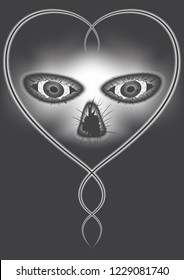 monochrome drawing in Gothic style, cover, poster, print. face with eyes in cracks in the frame in the form of a glowing heart