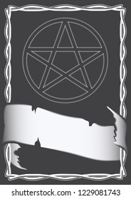 monochrome drawing in Gothic style, cover, poster, print. glowing pentagram on a black background with interlacing ornament and ribbon for text