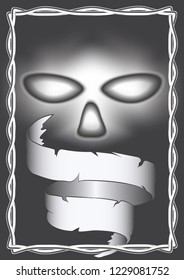 monochrome drawing in Gothic style, cover, poster, print. creepy Face with empty eye sockets on black background with intertwining ornament and ribbon serpentine for text