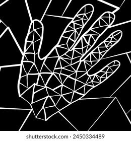 A monochrome drawing of a hand on a black background, creating a striking pattern of lines. The hand is a vertebrate organism on a slope of a terrestrial plant leaf