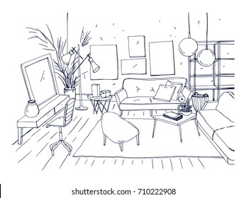 Monochrome drawing of interior of living room with sofa, chairs, coffee table and other modern furnishings. Hand drawn sketch of apartment furnished in Scandinavian or loft style. Vector illustration.