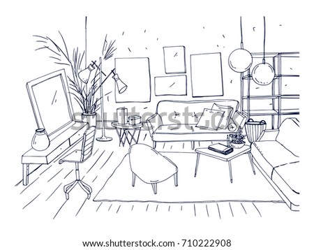 Monochrome drawing of interior of living room with sofa, chairs, coffee table and other modern furnishings. Hand drawn sketch of apartment furnished in Scandinavian or loft style. Vector illustration.
