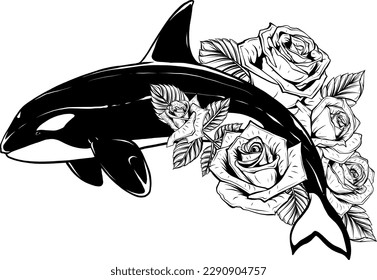 monochrome drawing of a jumping orca whale in black and white.