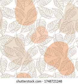 Monochrome drawing leaves and abstract form. Vector seamless pattern. Elegant outline drawn plant . The texture of natural materials. Modern minimalist line drawing. Textile plant print in boho style.