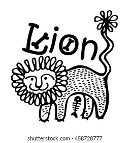 monochrome drawing of a lion, funny, stylized, black and white