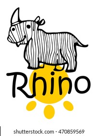 monochrome drawing of a rhinoceros, funny, stylized, black and white, color