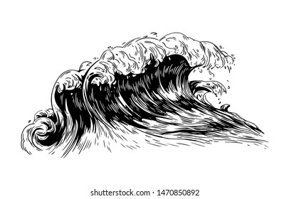 Monochrome drawing of sea or ocean wave with foaming crest. Oceanic storm, tide, seawave hand drawn with black contour lines on white background. Realistic vector illustration in vintage style.