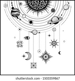 Monochrome drawing: stylized Solar system, orbits, planets, space structure.  Necklace of star symbols. Vector Illustration isolated on a white background. Print, poster, T-shirt, postcard.