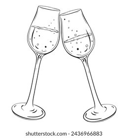 A monochrome drawing of two Champagne stemware glasses toasting each other