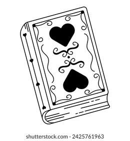 Monochrome drawing of victorian book outline. Ornate pretty book. Book cover with vintage ornament with hearts. Freehand black ink in engraving style pen. Isolated hand drawn vector illustration