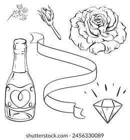 Monochrome drawing of a white flower, ribbon, champagne bottle, and diamond