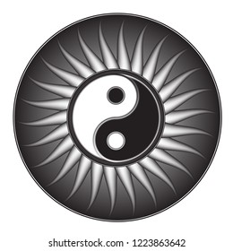 monochrome drawing Yin-Yang sign with intertwining ornament and outgoing rays. black circle background