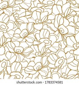 Monochrome drawn flowers. Vector seamless pattern. Elegant outline drawing of a plant. The texture of natural materials. Modern minimalist line drawing. Textile plant print in boho style, artwork