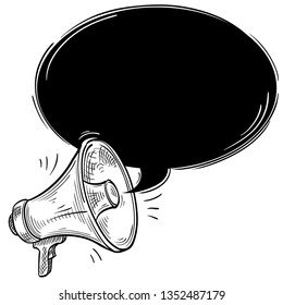 Monochrome drawn megaphone with speech bubble
