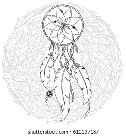 Monochrome Dream Catcher with feathers. Hand drawn vector illustration in doodle zentangle style. Sketch for tattoo, t-shirt design, post card. Boho style