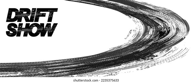 Einfarbiger Drifthintergrund mit Texturradmarken und Drift in Skidding, abgerundete Reifenmarken. Schwarz-Weiß-Autoreifen-Textur in Skid, Drift. Auto Sport Hintergrund monochrom. Vektorbanner