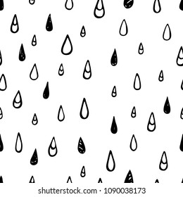 Monochrome drop signs seamless pattern. Hand drawn doodle water symbols on white background. Cute rain pattern for your design.