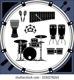 Monochrome drum and percussion musical instruments set vector illustration