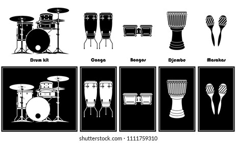 Monochrome drum and percussion musical instruments set vector illustration