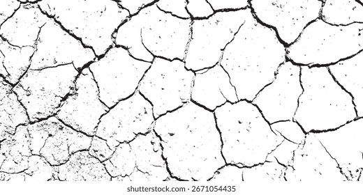 Monochrome Dry Cracked Earth Vector Texture, Abstract Grunge Background Pattern