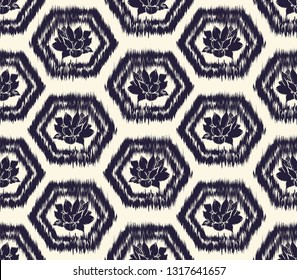Monochrome dyed effect honeycomb or hexagon and lotus background inspired by traditional Japanese kikko tortoise shell armour plate worn by Samurai . Seamless vector design
