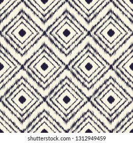 Monochrome dyed effect tribal diamond background inspired by Japanese traditional minimalist designs and Ikat dyeing technique. Seamless vector design.