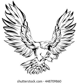 Monochrome eagle during landing with raised wings and outstretched talons on white background isolated vector illustration 