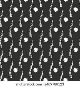 Monochrome eamless pattern with black wild flowers silhouettes on white background. Vintage ditsy floral repeat pattern.