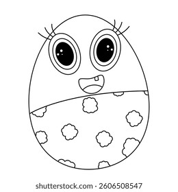 Monochrome Easter coloring page with a smiling anthropomorphic baby Easter egg in clouds pants. Perfect for coloring book and kids activities.