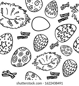 Monochrome easter painted eggs with stars dots waves chicken nest and sprigs outline paschal celebration coloring book spring holiday wrapping paper white isolated stock vector illustration 