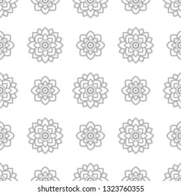 Monochrome eastern folk floral fabric motif. Allover vector pattern for adult colouring book, interior, wallpaper, apparel textile, phone case. Seamless linear geometric flower design in black, white