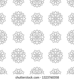 Monochrome eastern folk floral fabric motif. Allover vector pattern for adult colouring book, interior, wallpaper, apparel textile, phone case. Seamless linear geometric flower design in black, white