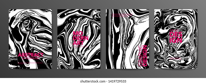 Monochrome ebru stains banners vector set. Black and white suminagashi backgrounds with pink typography. Modern art posters with text space. Liquid paintings, abstract surface illustrations