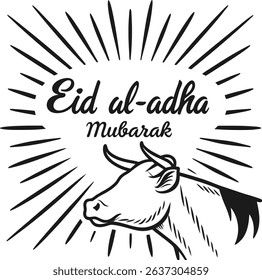 A monochrome Eid al-Adha Mubarak design featuring a cow illustration with a sunburst effect on a black backdrop.