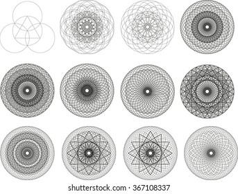 Monochrome elegant circular pattern in black and white. Circular mathematical ornament. A vector circular pattern from the crossed circles. Mandala.