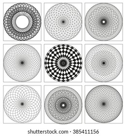 Monochrome elegant circular pattern in black and white. Circular mathematical ornament. A vector circular pattern from the crossed circles. Mandala. Set of 9 elements