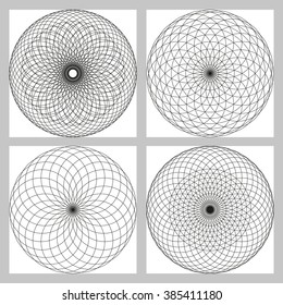 Monochrome elegant circular pattern in black and white. Circular mathematical ornament. A vector circular pattern from the crossed circles. Mandala. Set of 4 elements